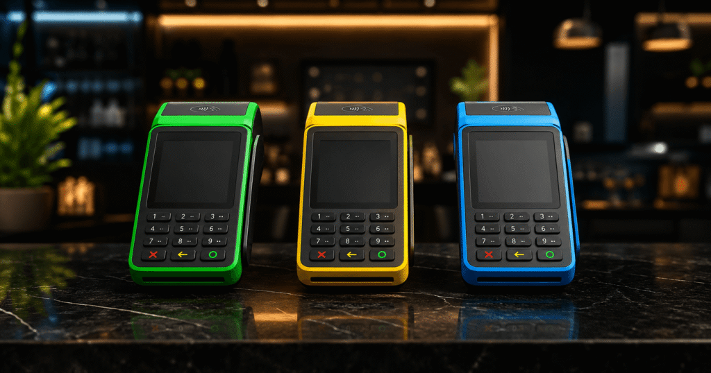 Comparação entre maquininhas de cartão com detalhes nas cores verde, amarelo e azul sobre balcão moderno, representando Ton, PagBank e Mercado Pago em ambiente sofisticado.